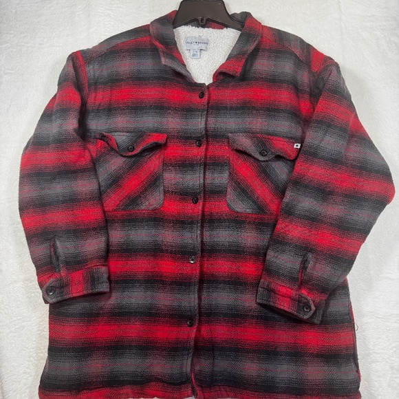 Lucky Brand Shirt Jacket Womens Size Large Red Black Plaid Sherpa Lined Western - Picture 1 of 10